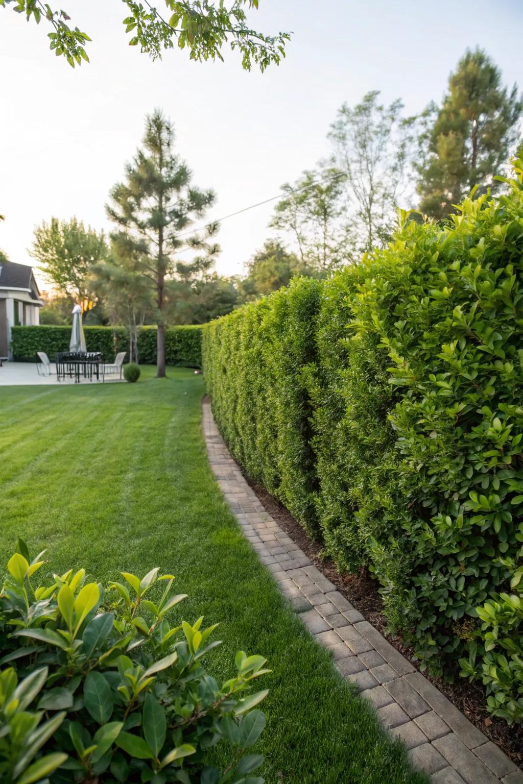 A green fence of shrubs adds organic beauty and privacy.