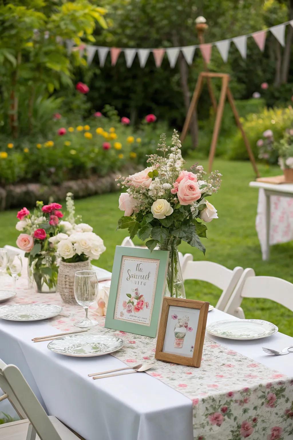 Styled centerpieces add an individual touch to the garden party design.