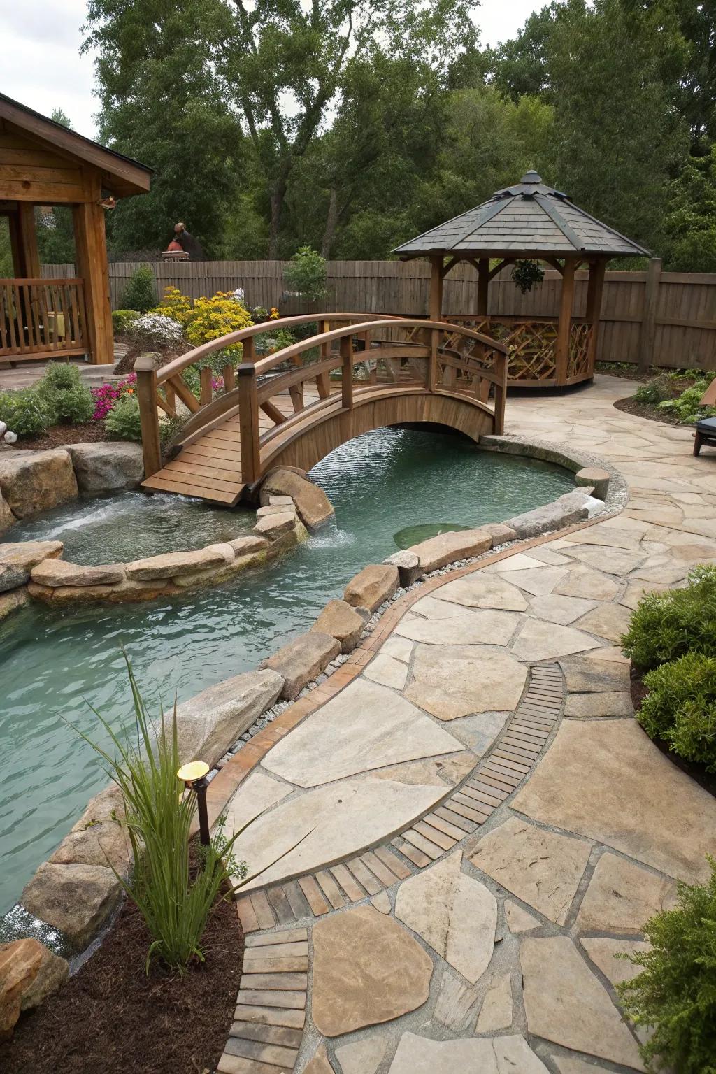 An inviting bridge over a meandering pool, including charm and access.