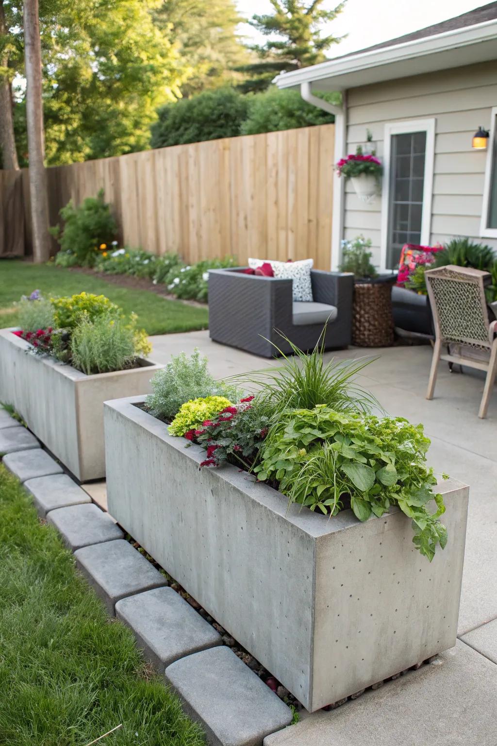 Modern stone containers showcase greenery.