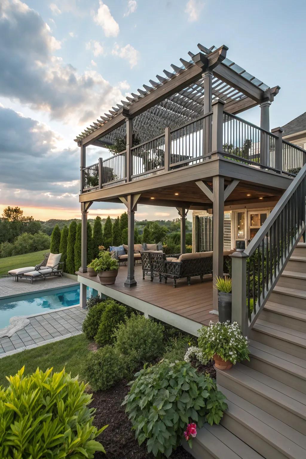 Staggered patios with a pergola enhance poolside aesthetics.