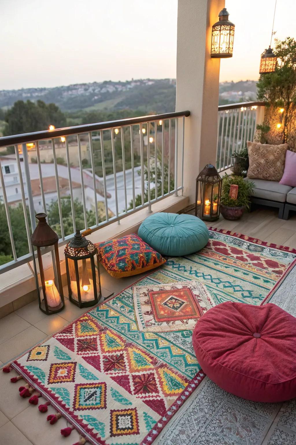 Outdoor carpets add warmth and style to balcony floors, turning them into an extension of your house.
