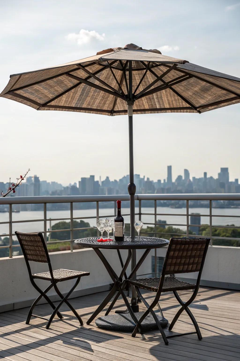 A large umbrella providing shade above a balcony dining set.