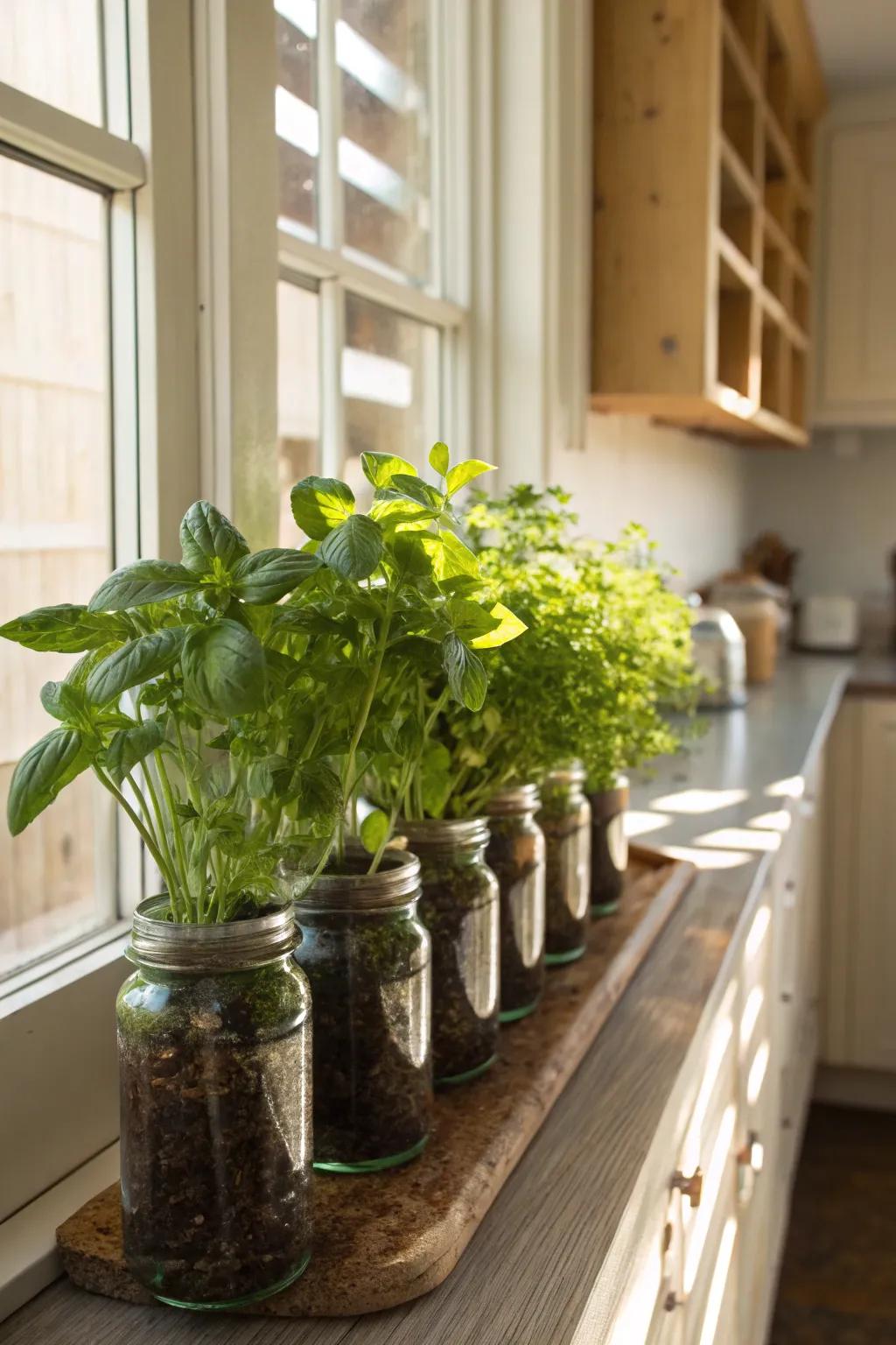 A small herb garden using preserving jars keeps fresh flavors accessible.