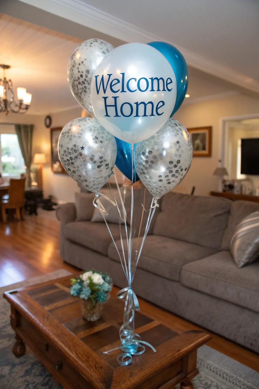 A distinctive 'Welcome Home' balloon display makes a grand impression.