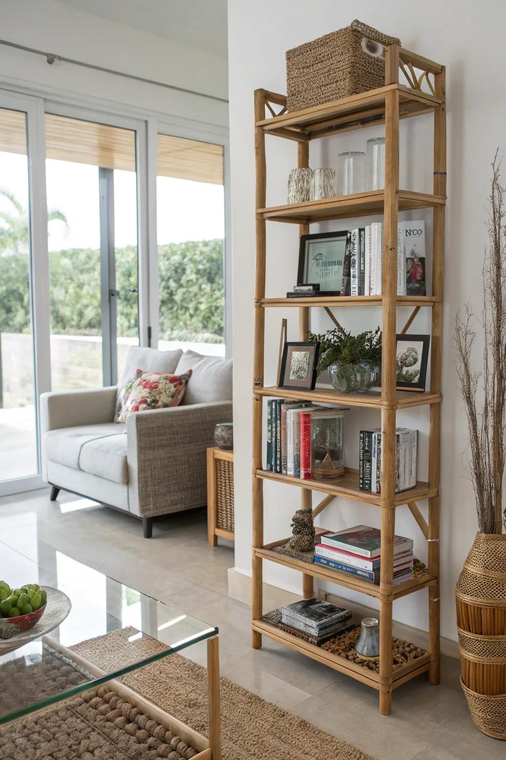 Bamboo bookshelf with books and decor