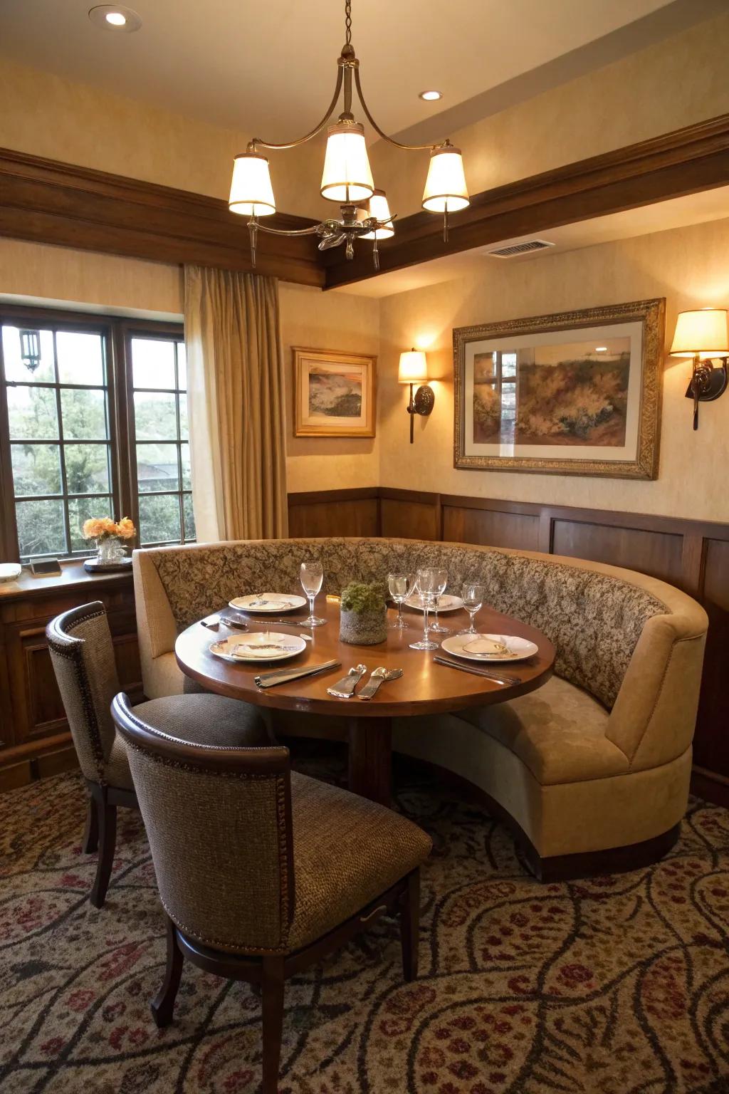 A snug dining space featuring curved banquette seating for intimate gatherings.