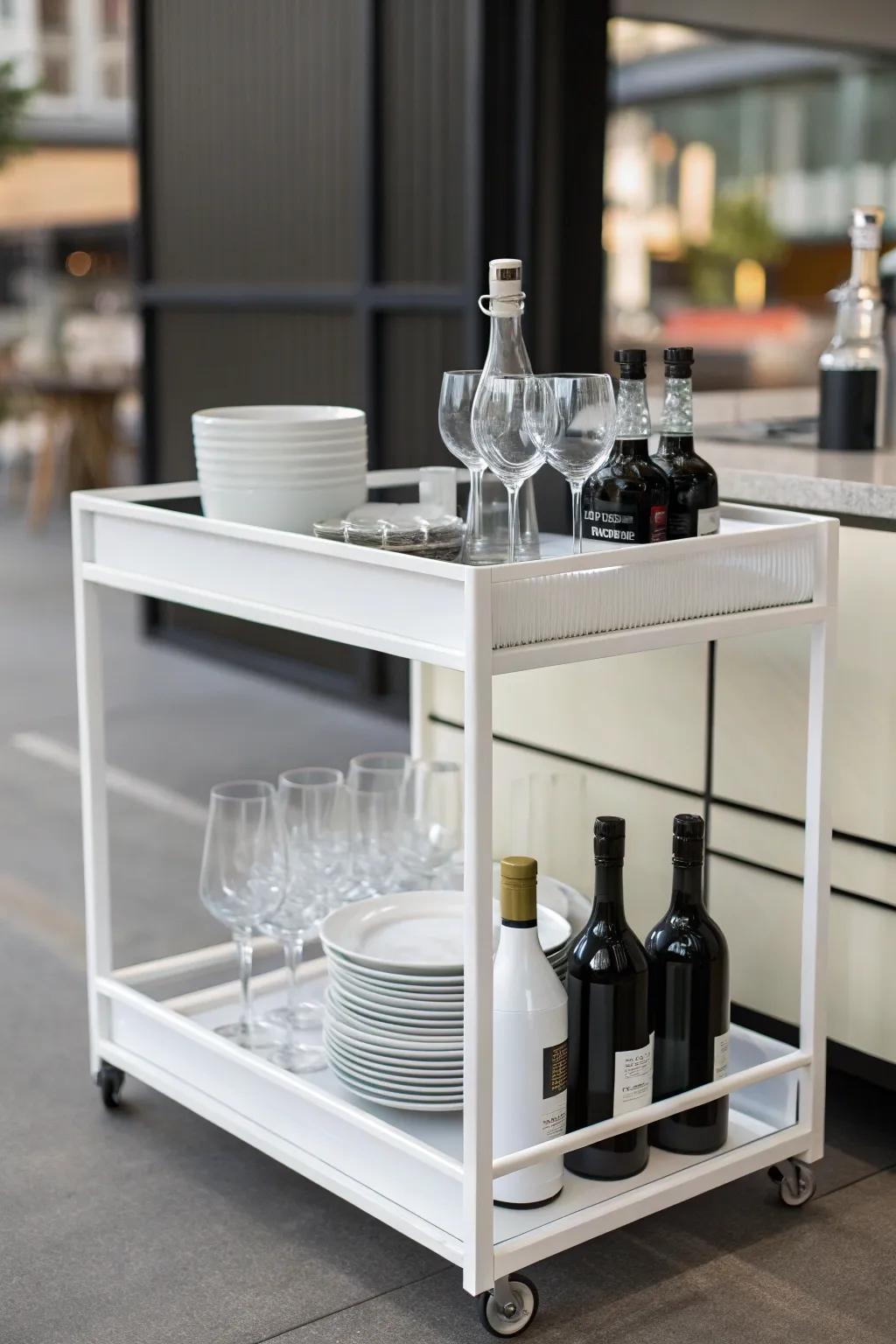 A minimalist mobile bar exhibiting streamlined and contemporary allure.