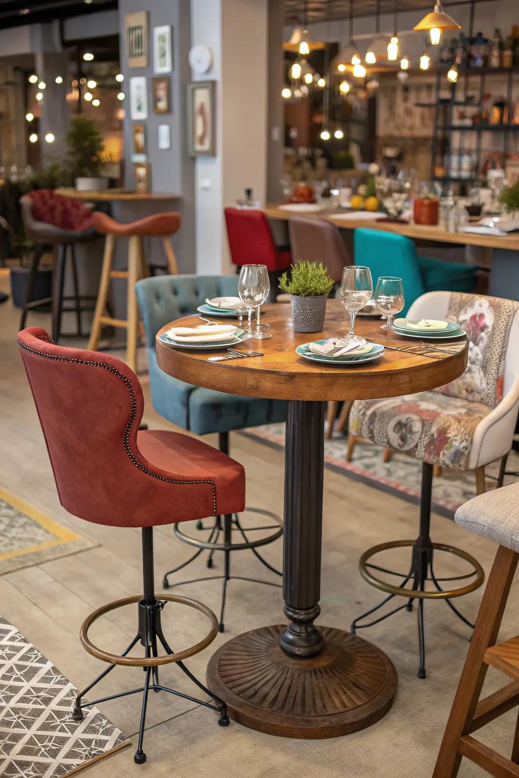 Assortment of seating types encircling a stylish bar table.