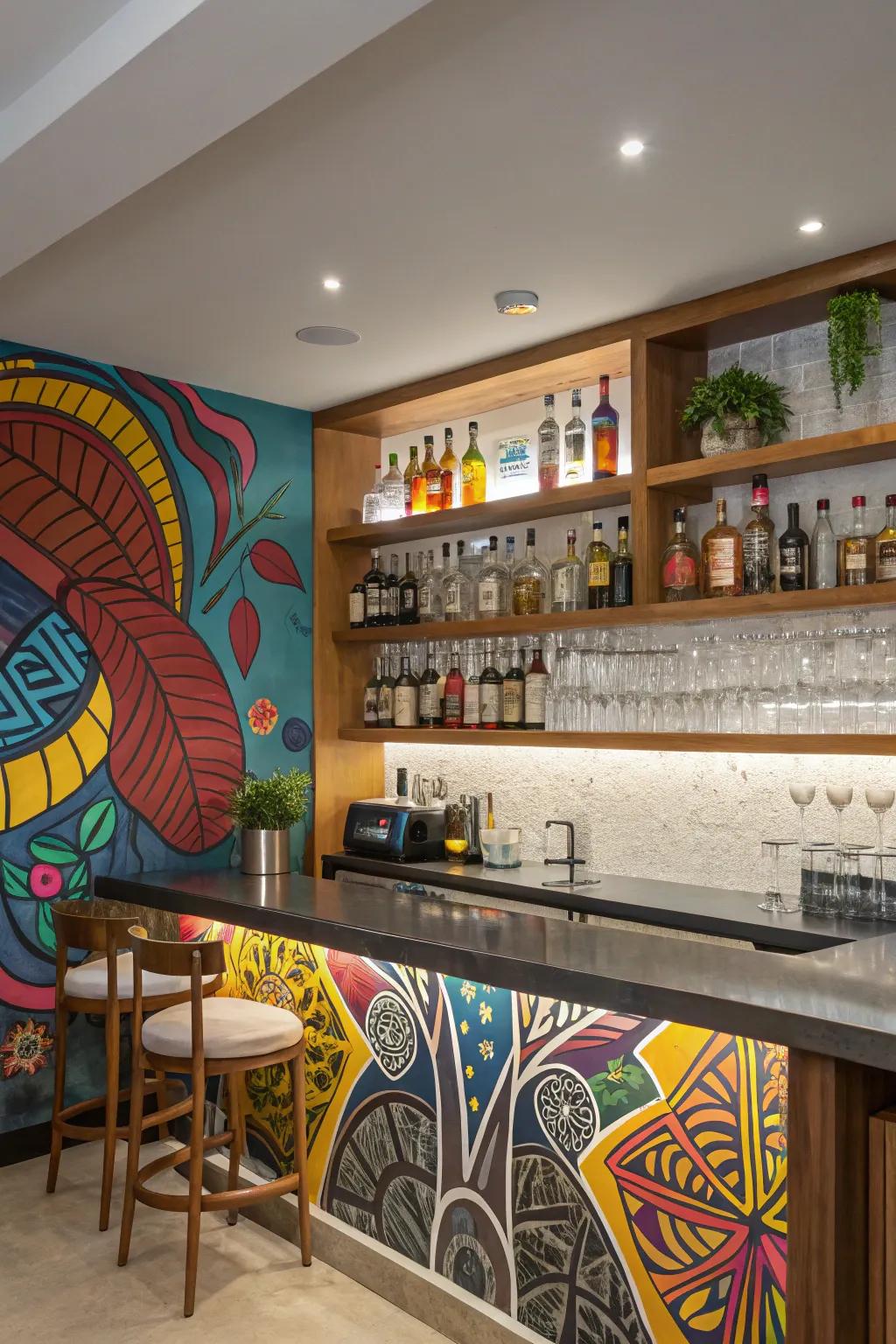 A mural backdrop enhances creative flair and individual style within your bar.