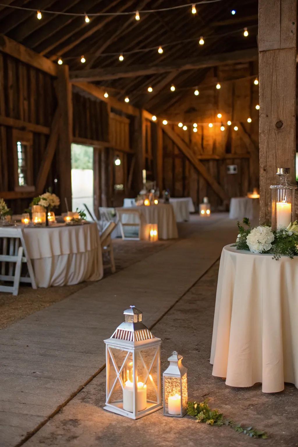 Lights and tapers elevate the inviting sensation of barn settings.