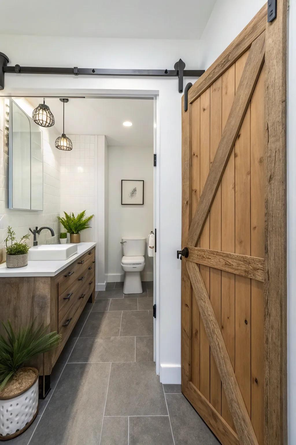 Gliding barn doors are ideal space-savers for restricted restrooms.