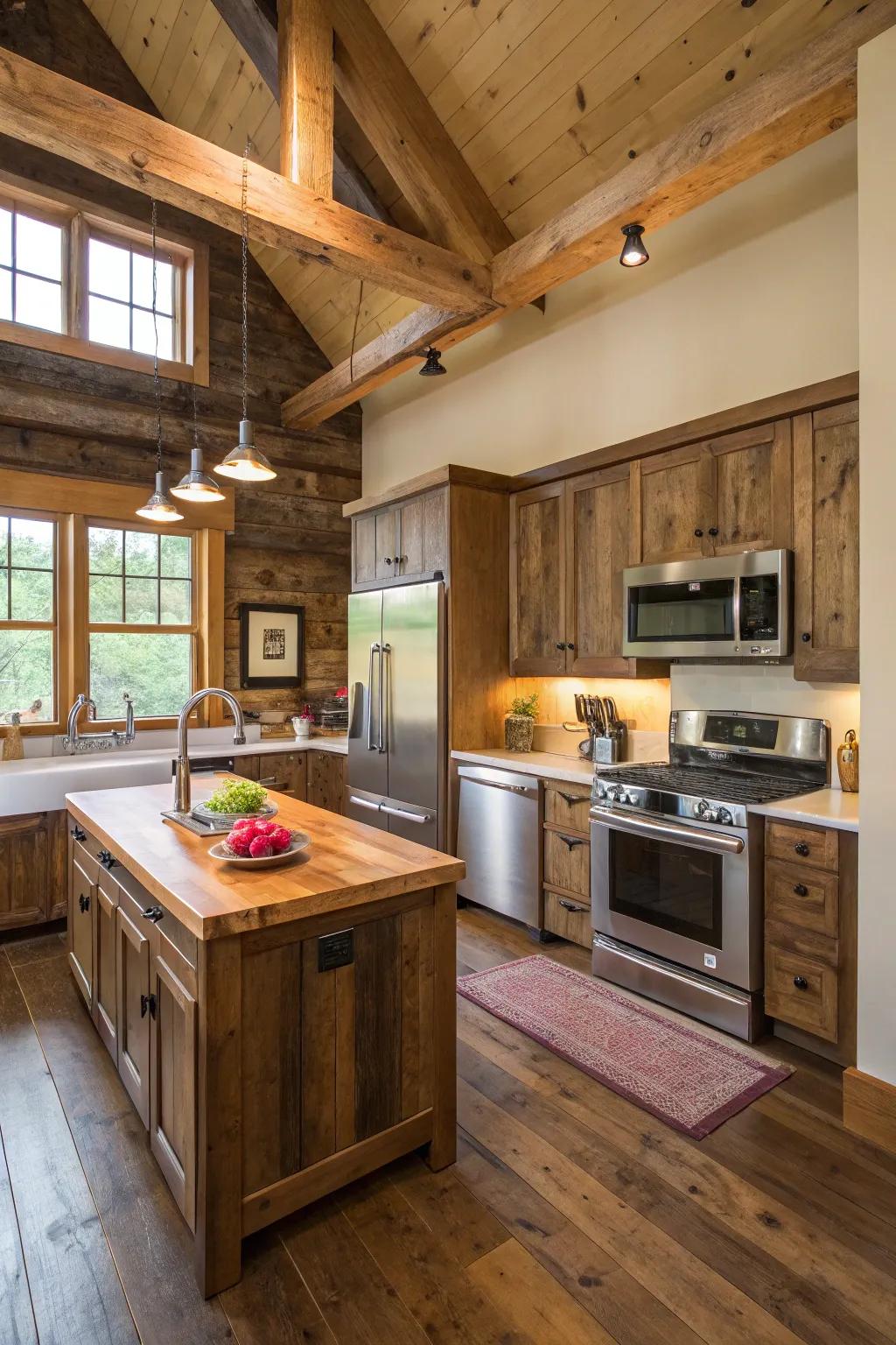 A cooking area merging contemporary appliances with rustic timber accents.