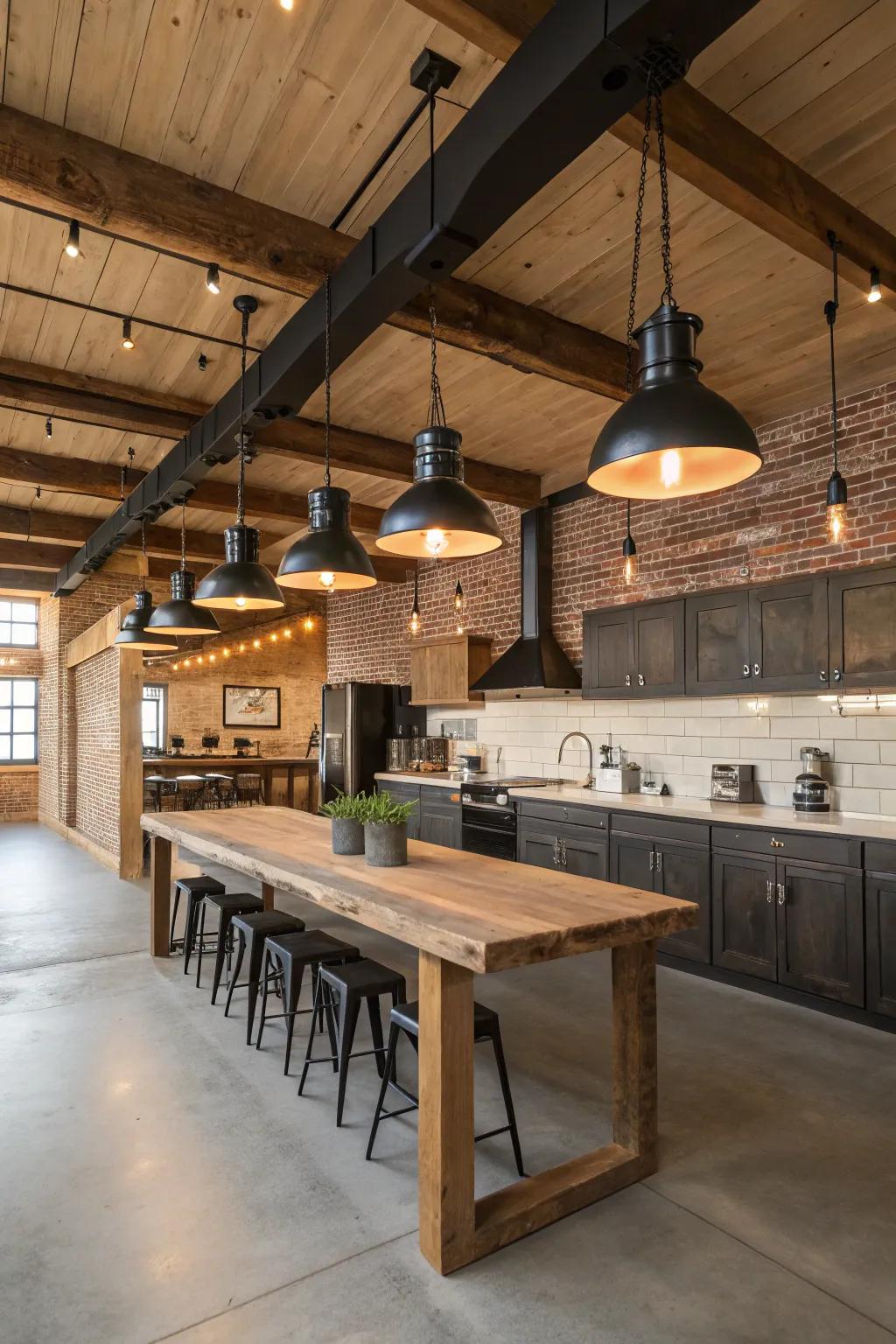 Industrial lighting adds an edgy contrast to rustic elements.