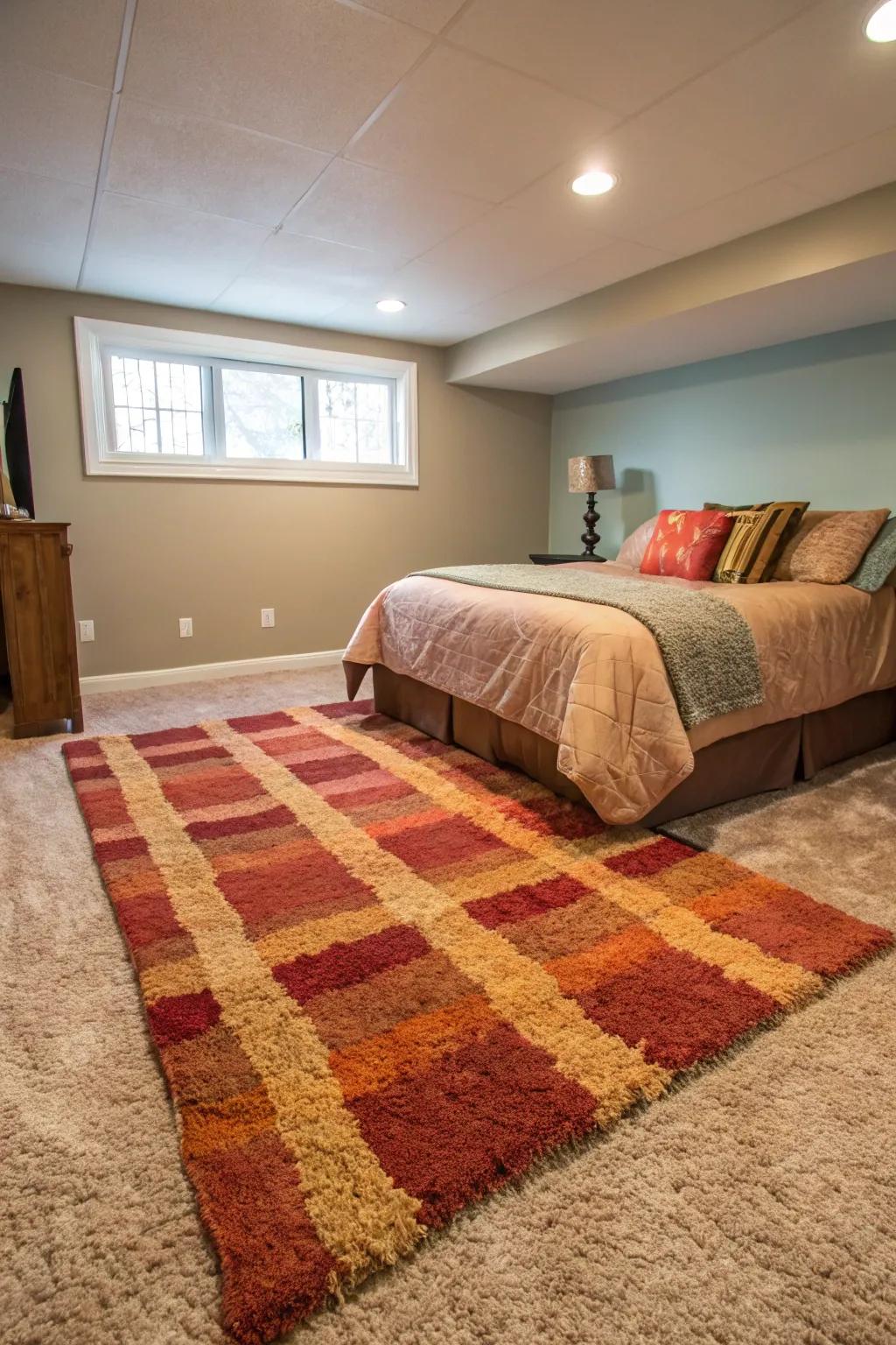 A sizable plush floor covering infuses coziness and warmth into this basement bedroom.