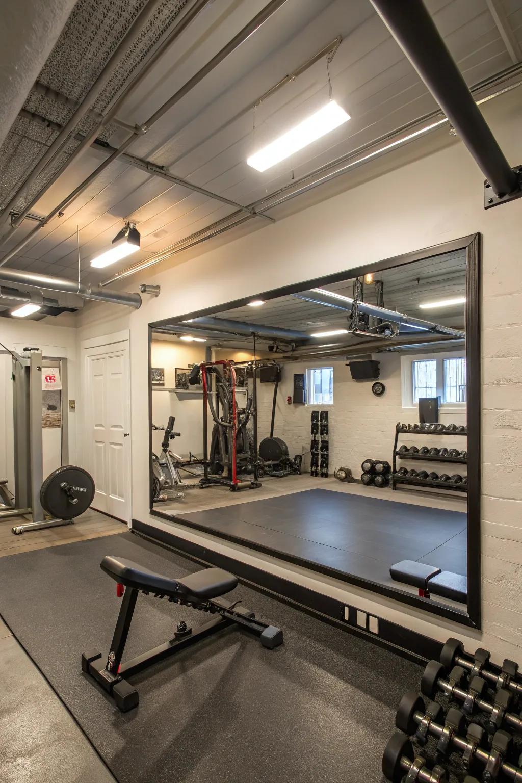 Mirrors bring depth and function to workout areas.