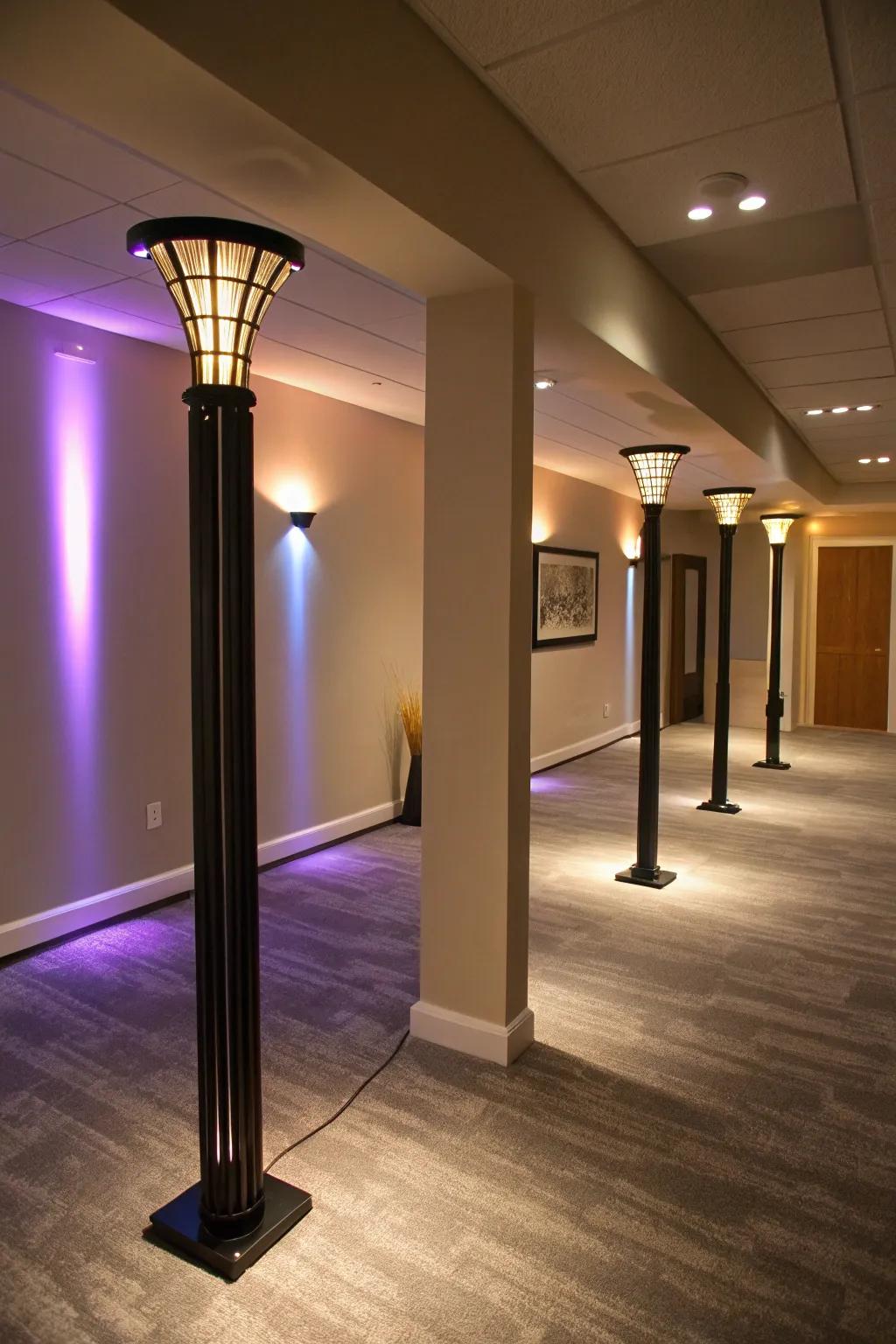 Atmosphere illumination fixtures improve the ambiance of basement posts.