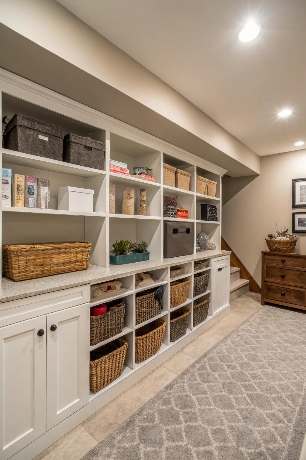 A basement that mixes practicality with style.