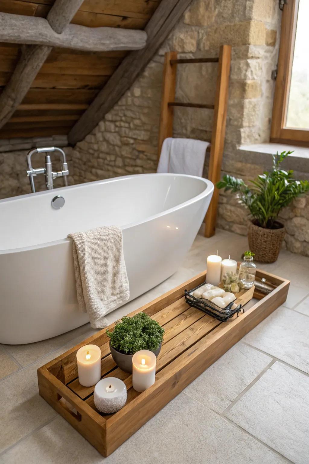 Impart warmth and texture with a quintessential timber bath bridge.