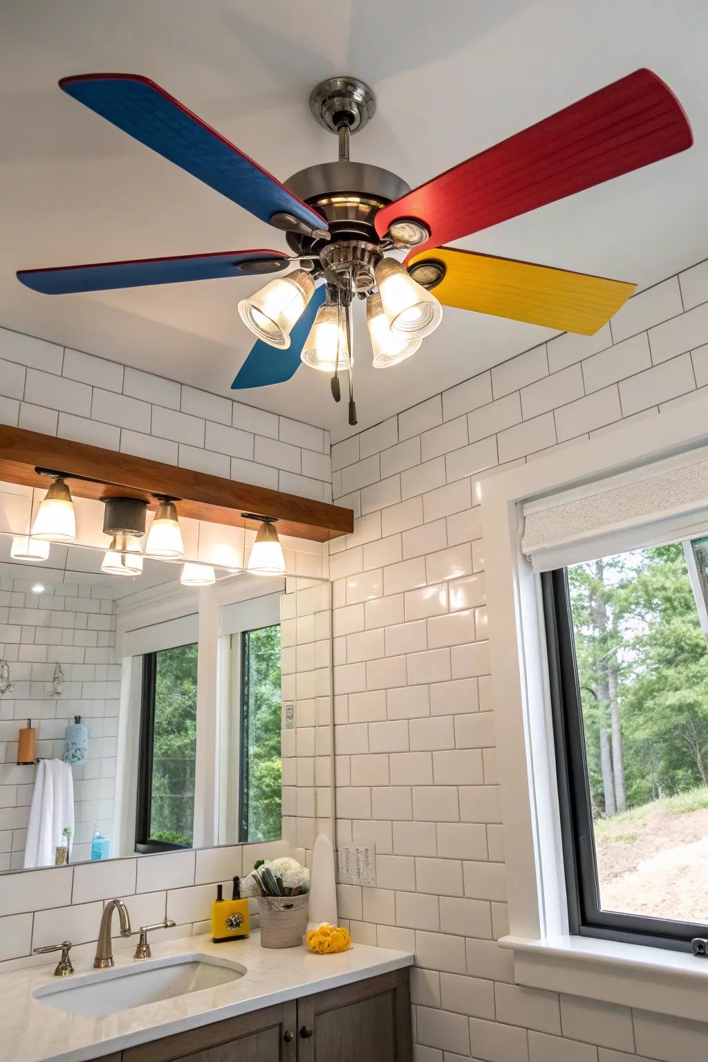 A bathroom showcasing a striking, vibrant ceiling ventilator with a light.