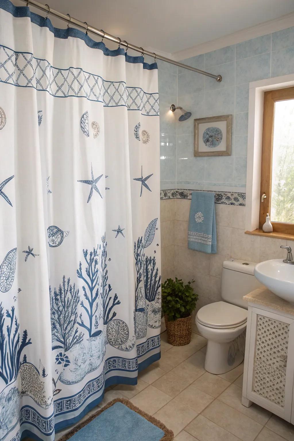 Coastal-themed coverings convey a fragment of the seaside to your washroom.
