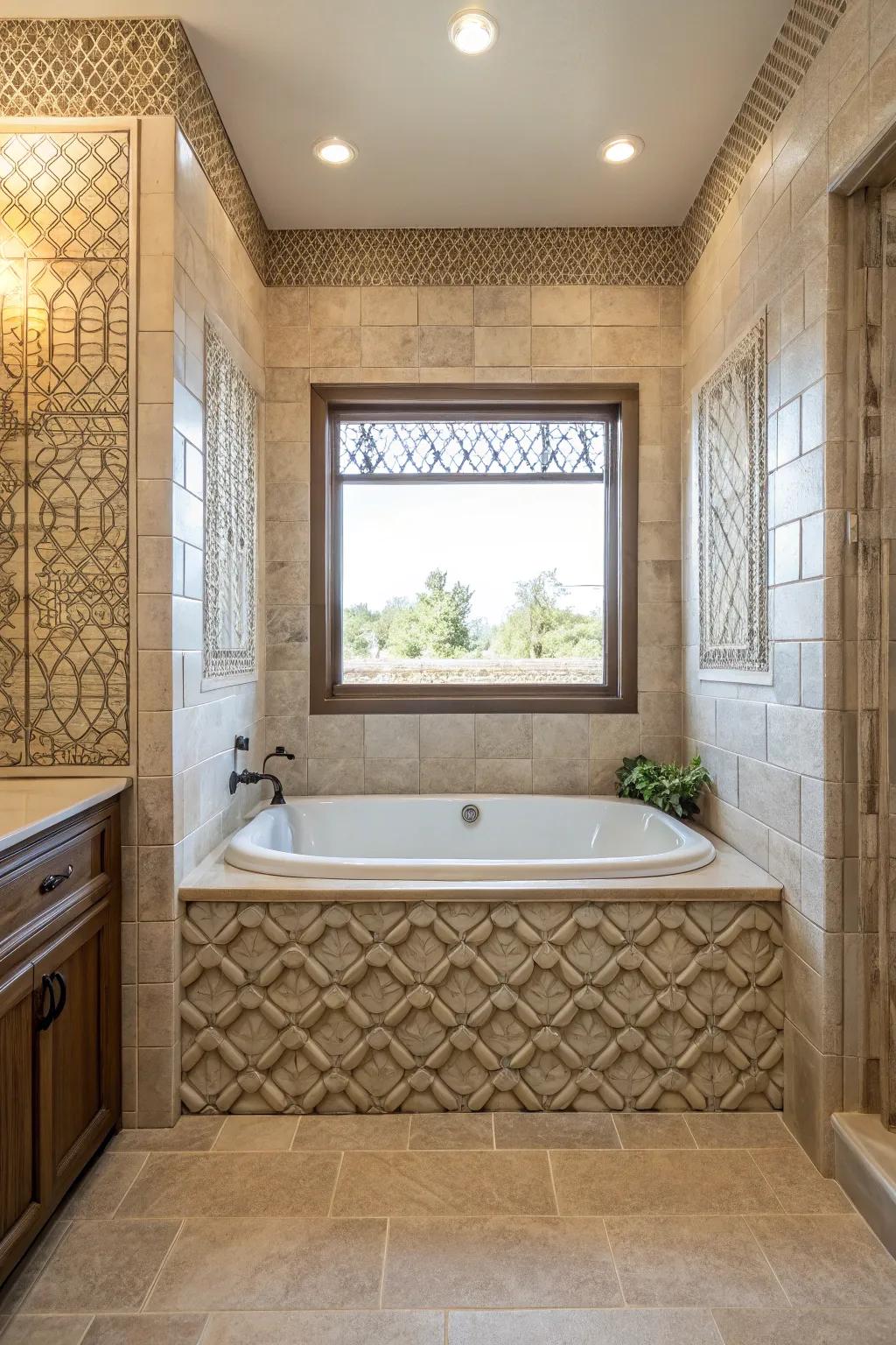 Textured tiling introduces dimension and intrigue to your bathroom design.