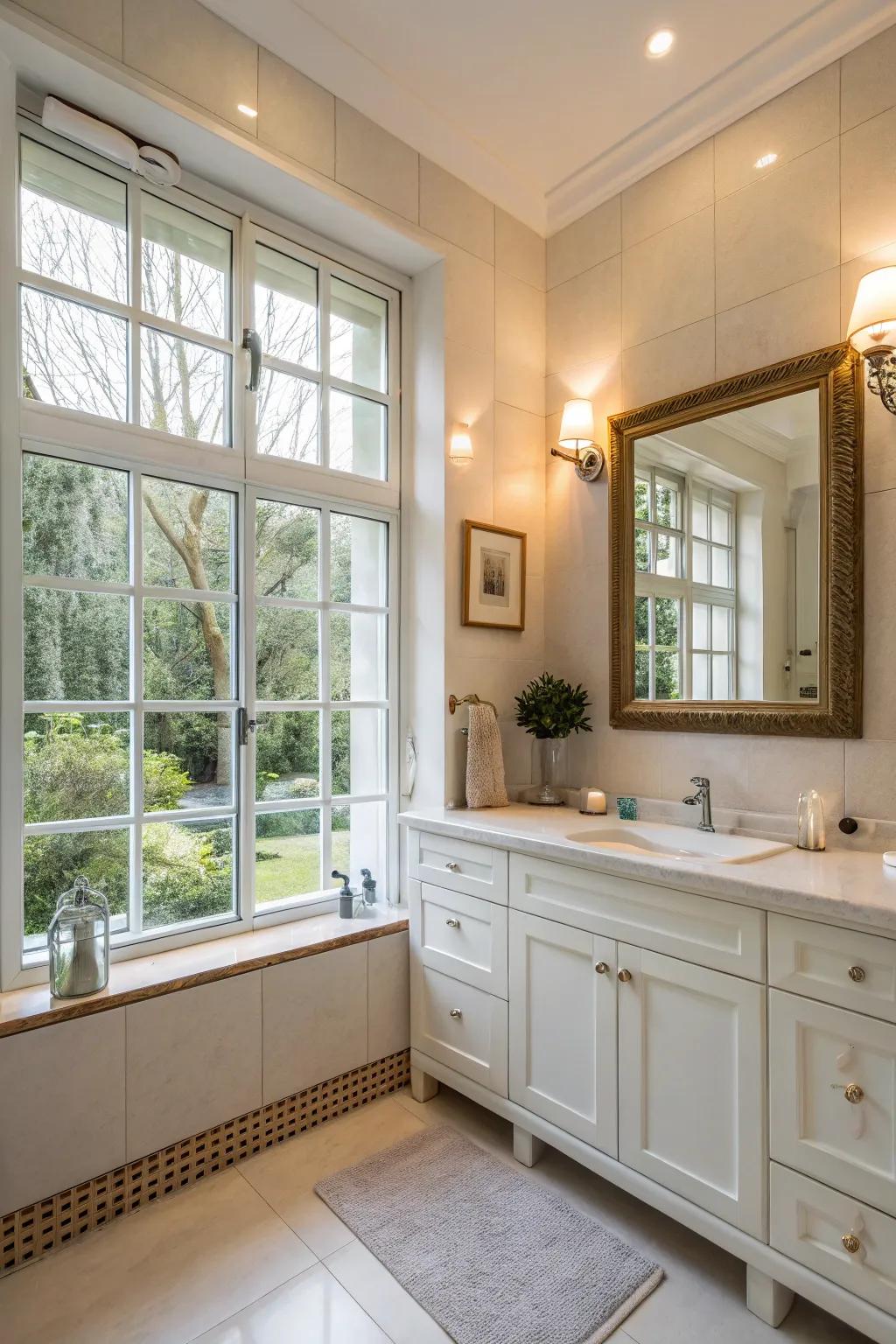 A lavatory arrangement that makes use of natural light to provide a bright, cheerful atmosphere.