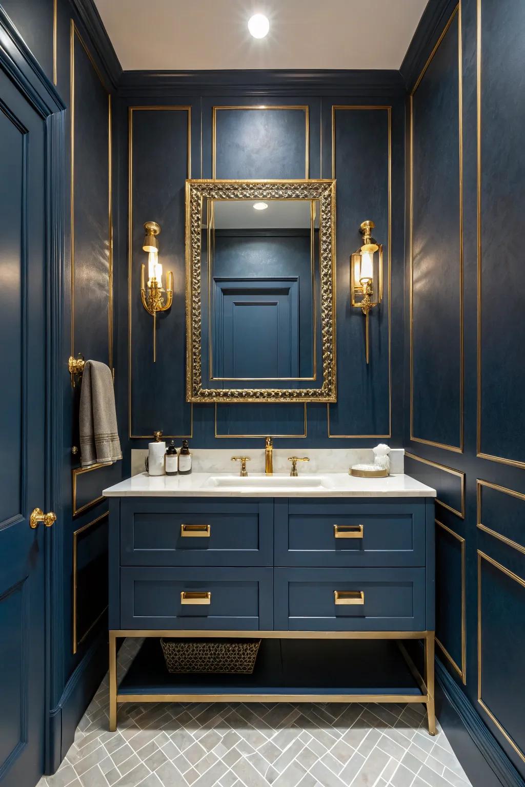 Midnight blue walls evoke a striking and dramatic bathroom atmosphere.