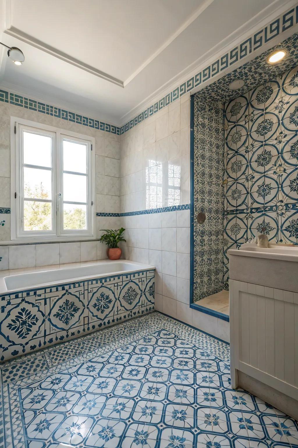 Patterned tile installations create captivating bathroom settings.