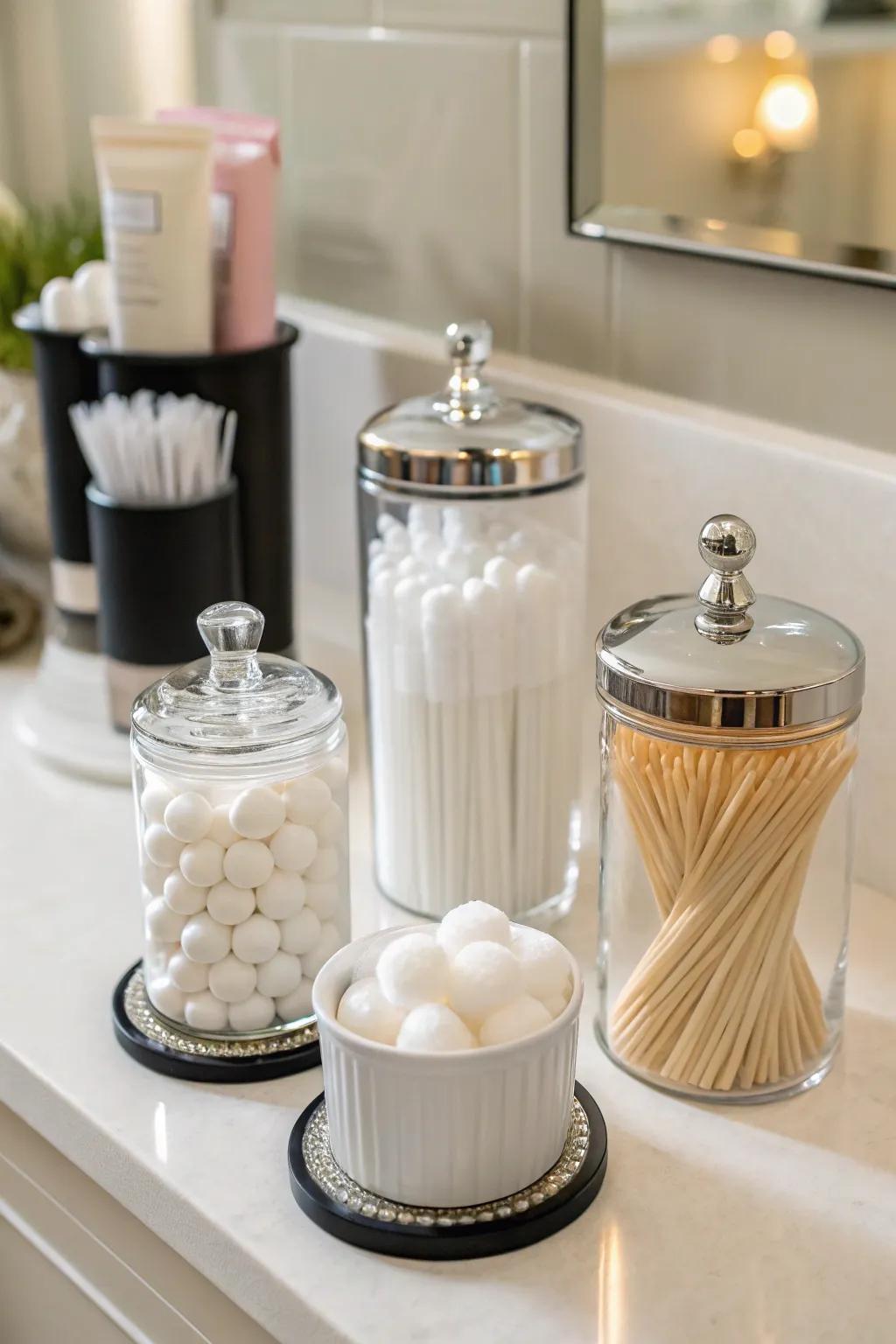 Functional decor using elegant jars for storage.
