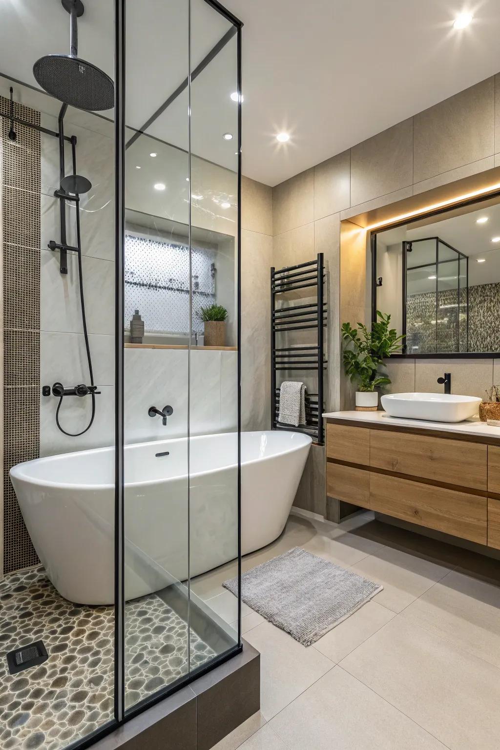 A bathtub in a glass enclosure merges practicality with contemporary design.