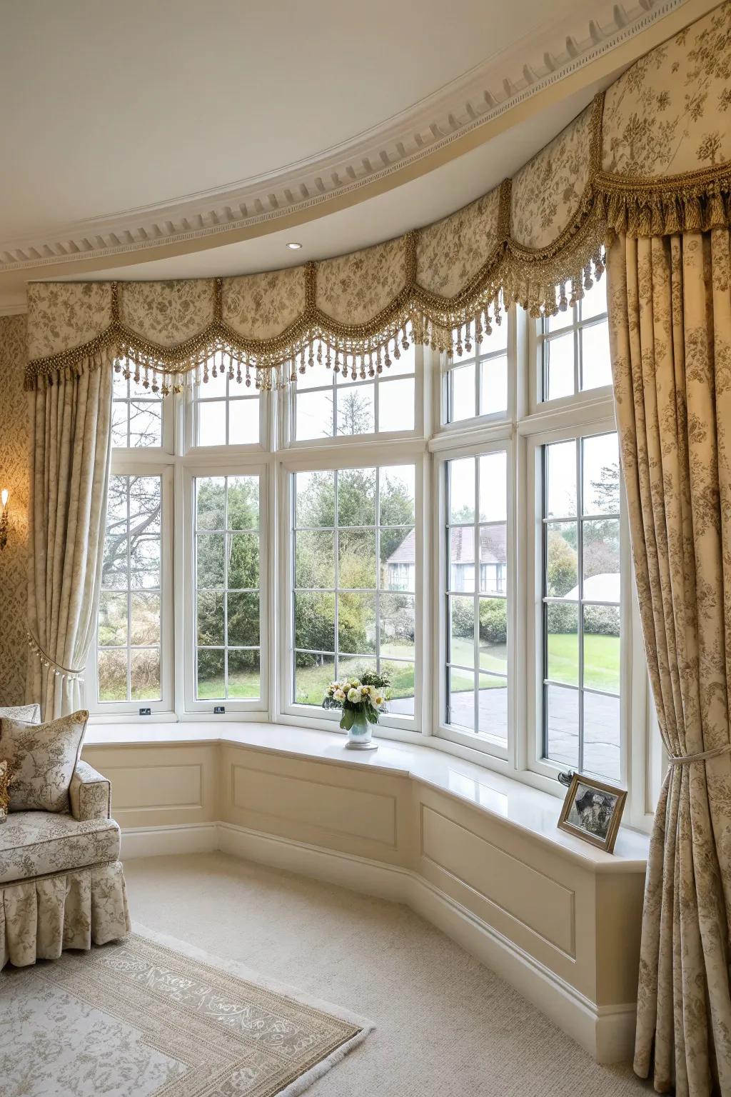 Top treatments and pelmets introduce a sophisticated element to bay windows.