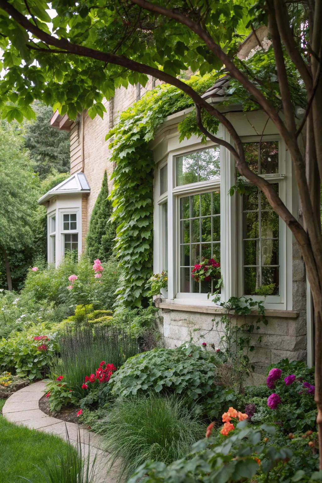 Tall plants adding height and sophistication to a bay window landscape.