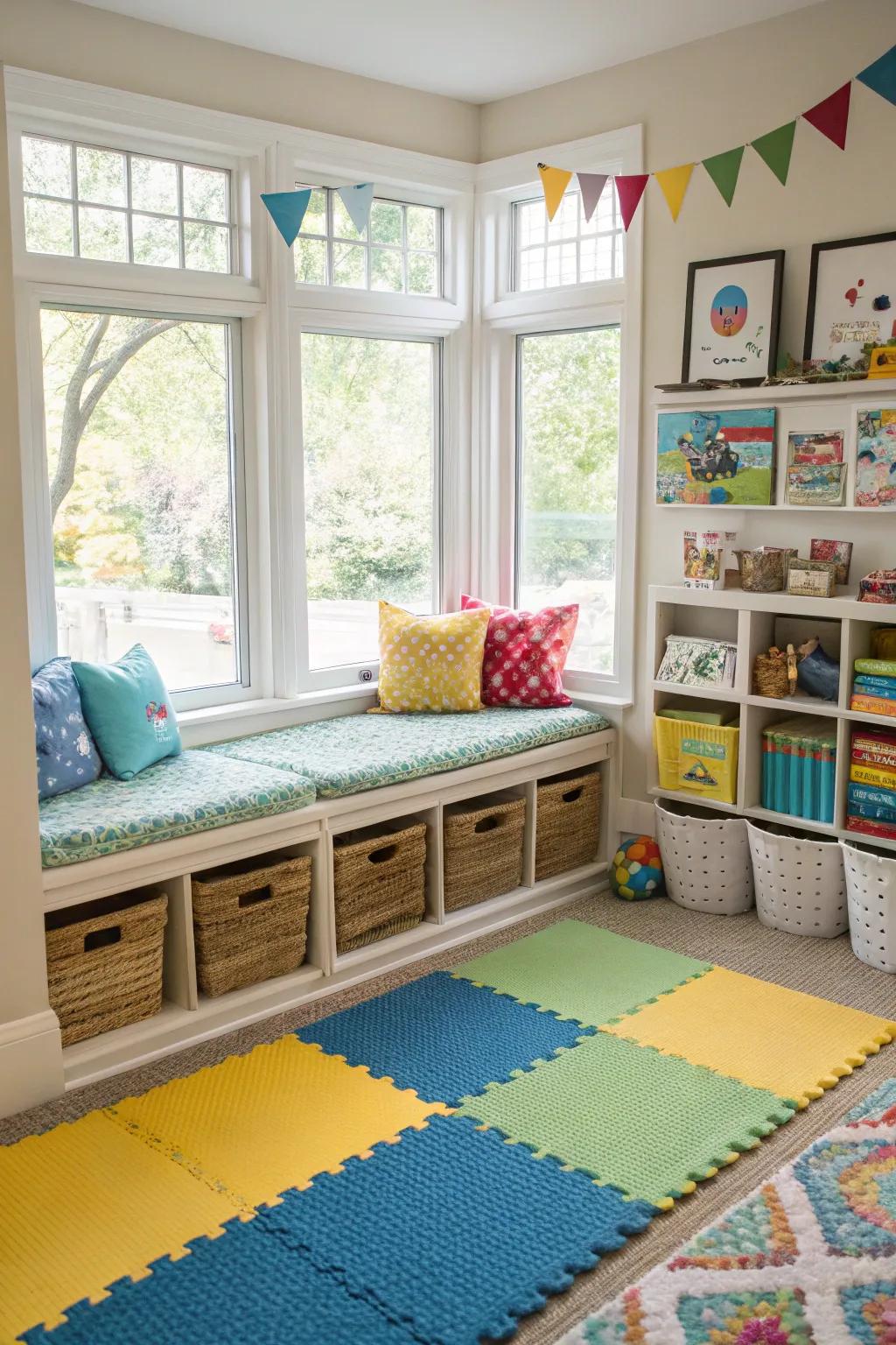 An alcove window play den furnishes a luminous and cheerful expanse for youngsters.
