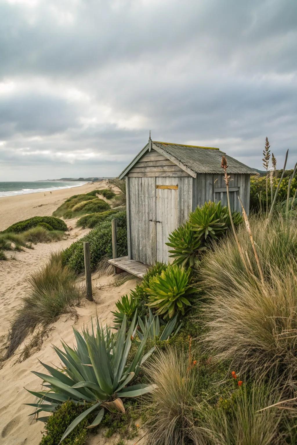 Coastal shrubs create a natural boundary around the beach shed.