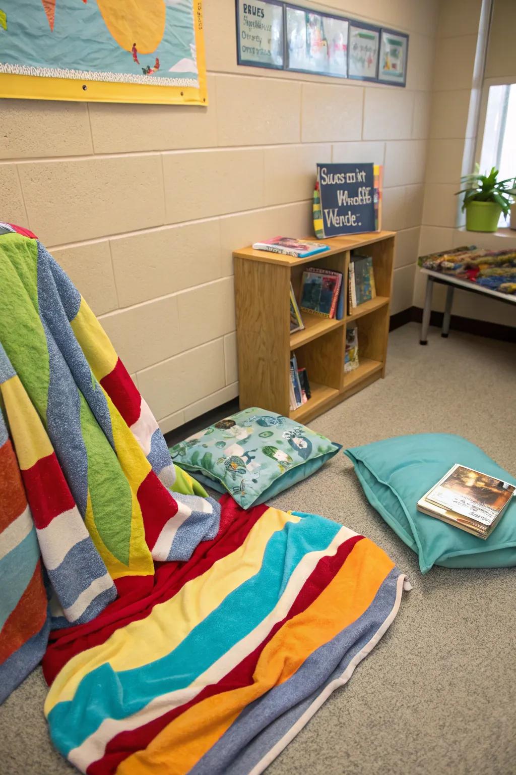 A comfortable reading nook with coastal cloths, ideal for a laid-back reading period.