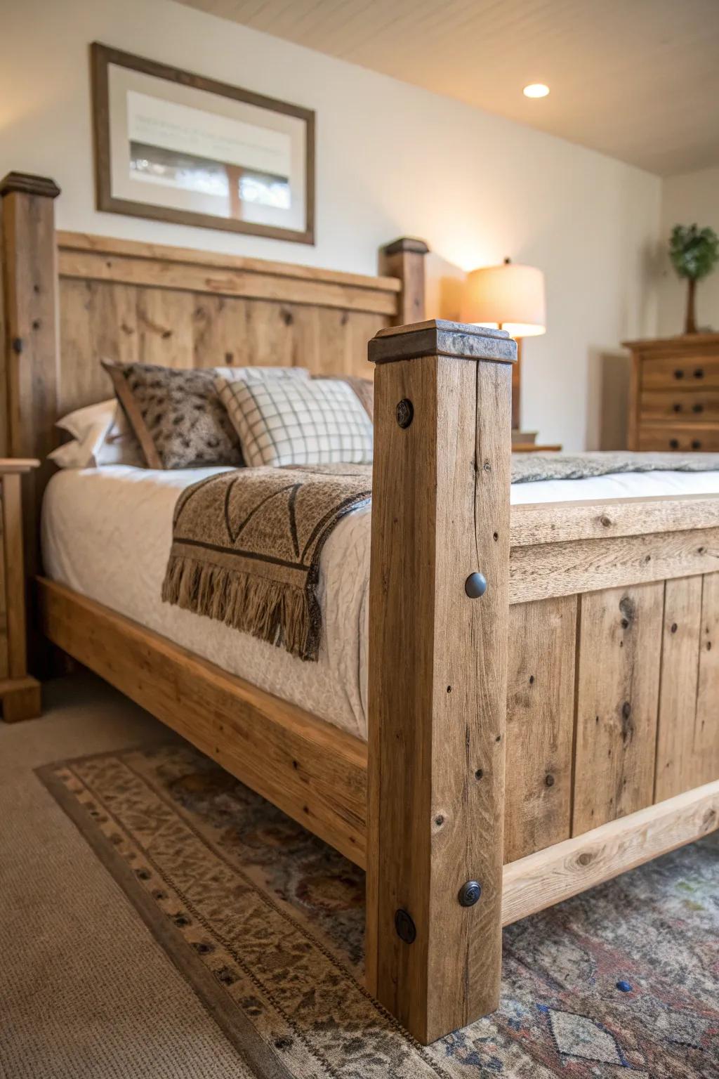 A reclaimed wood bed base provides a warm, farmhouse aesthetic.