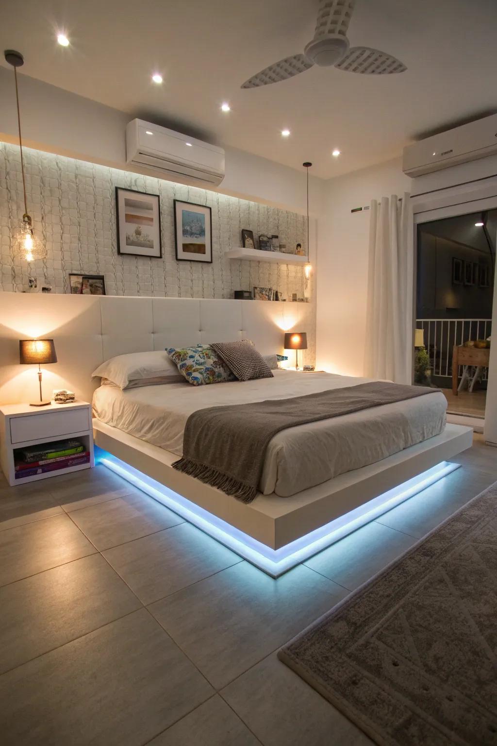 Suspended beds originate an airy, contemporary atmosphere.