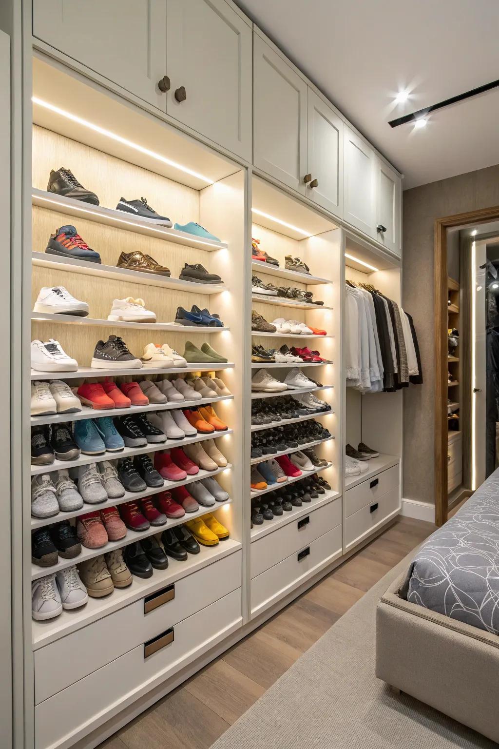 A shoe wall not only organizes but showcases your shoe collection.