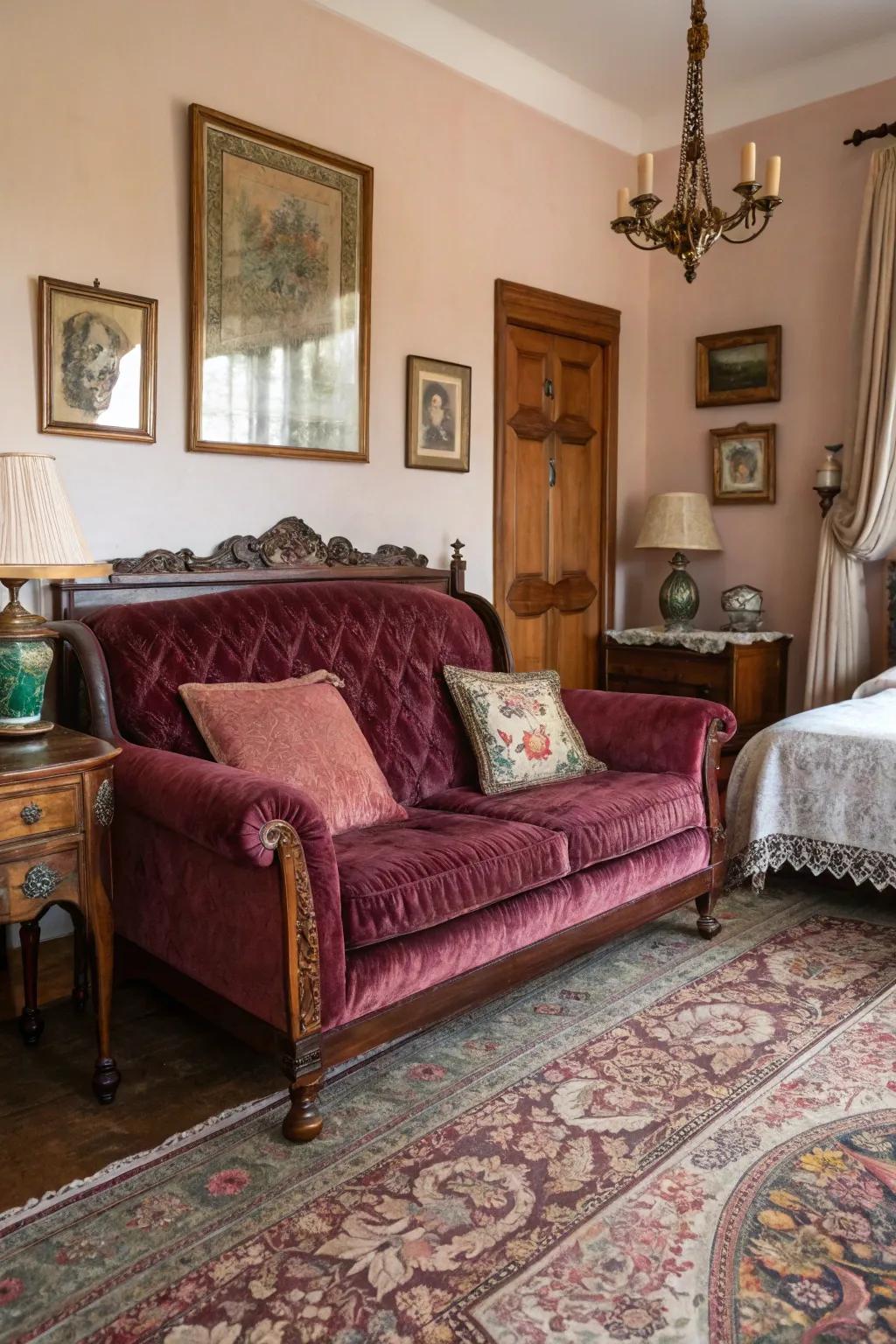 An aged velour sofa elegantly ensconced within a bedroom context, embodying an aura of both luxurious comfort and classic visual appeal.