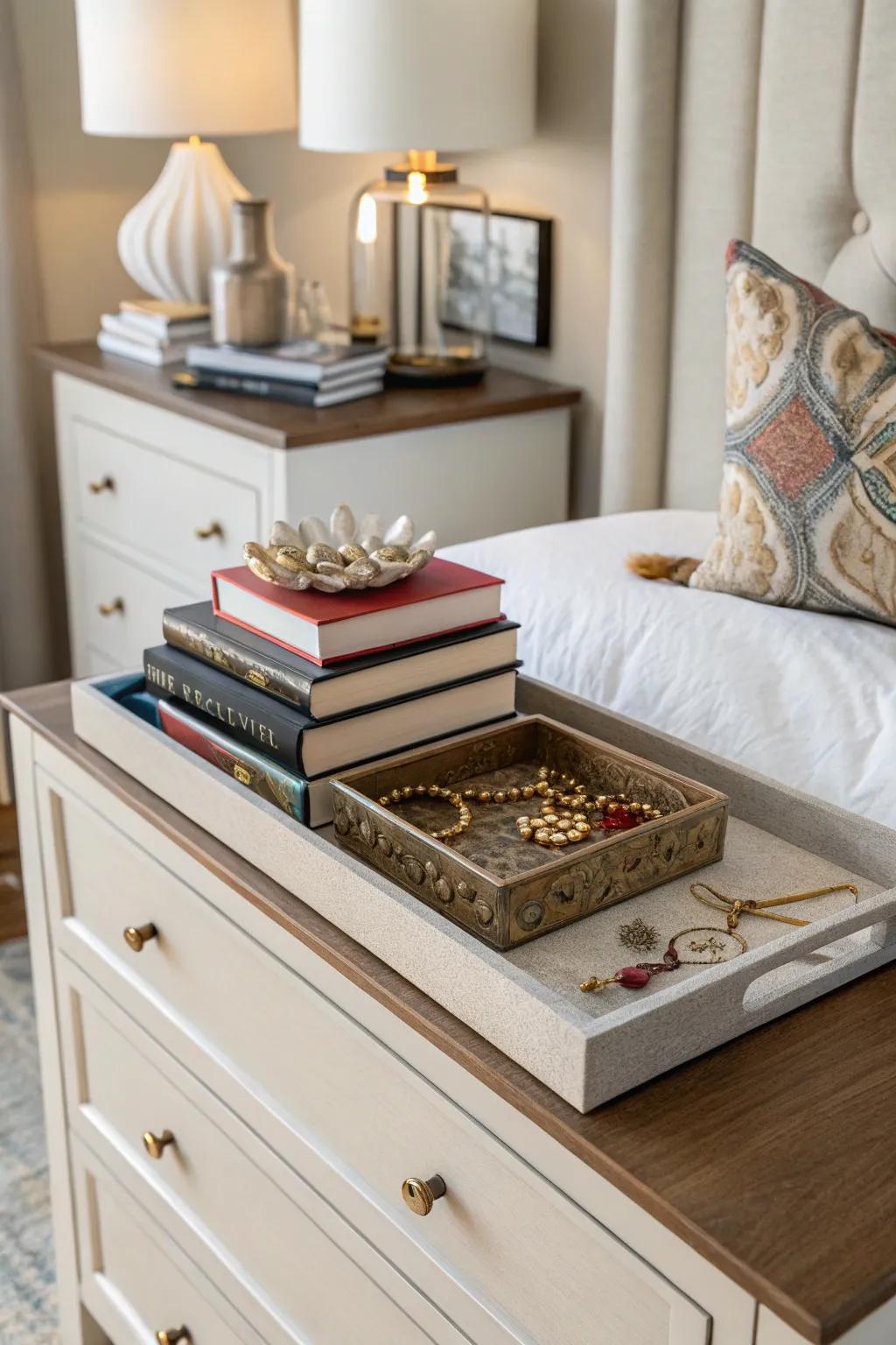 Books and trays provide both organization and style.