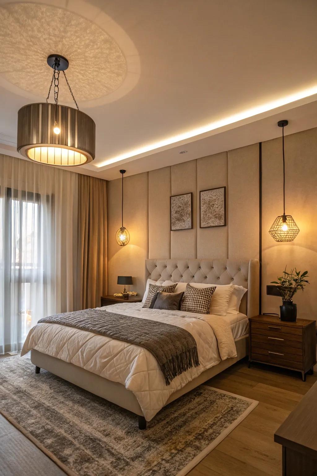 Up-to-date lighting brings both practicality and flair to this bedroom.