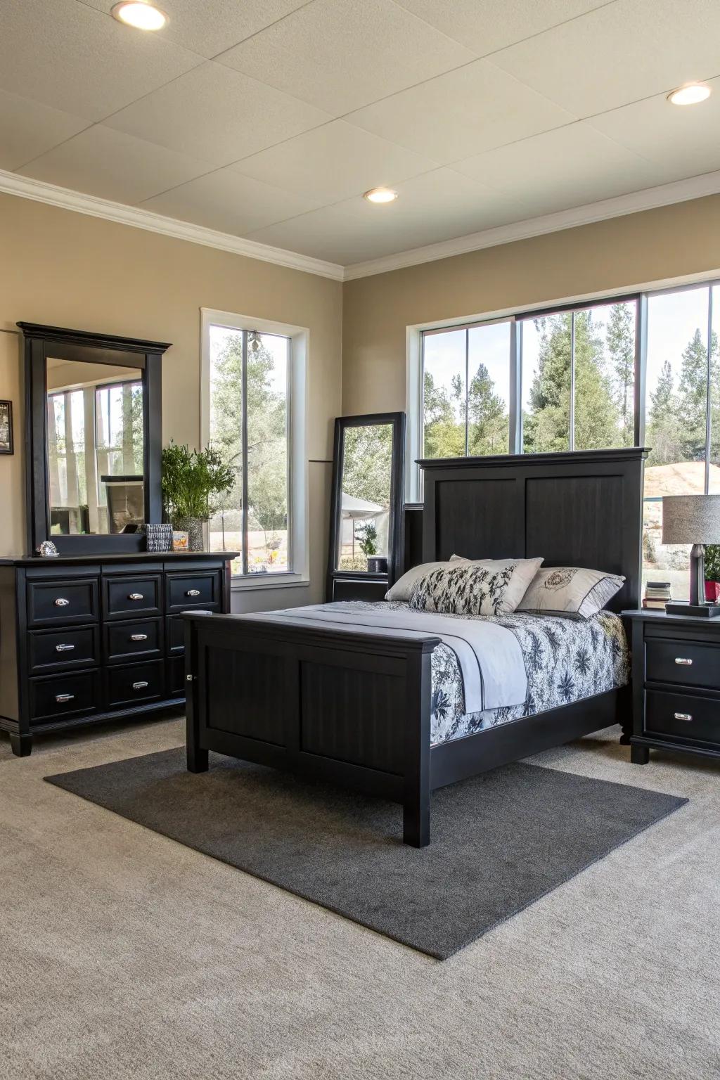 Mirrors amplify light, enhancing brightness in a room furnished with ebony pieces.