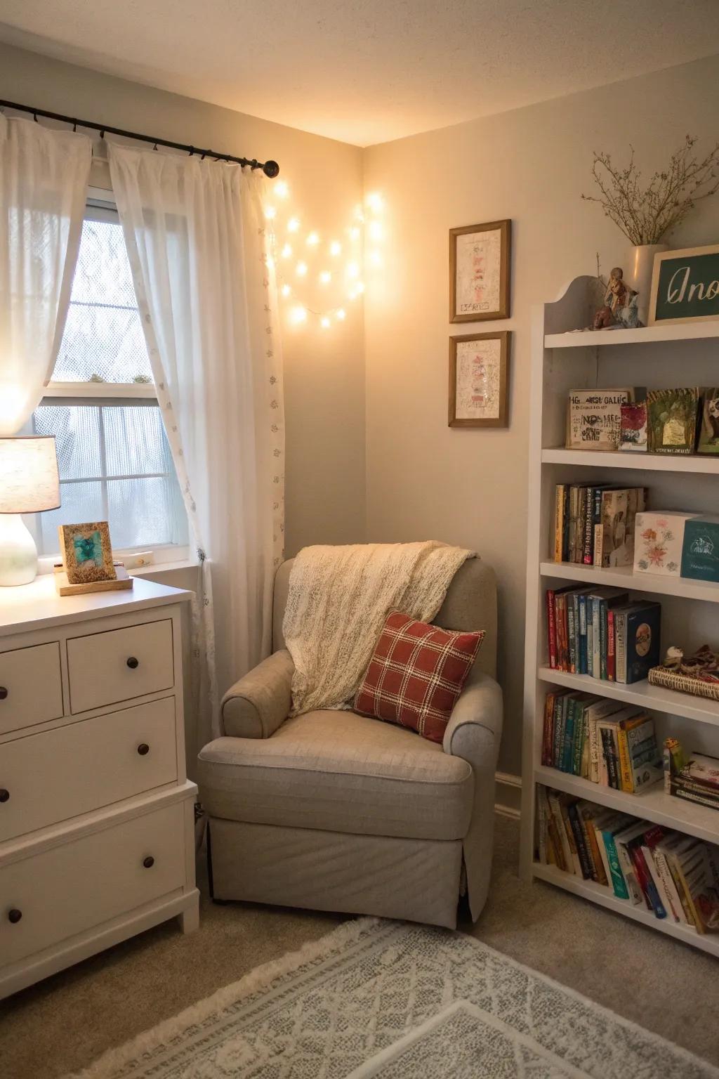 A snug reading spot nestled in a quiet corner of the bedroom.