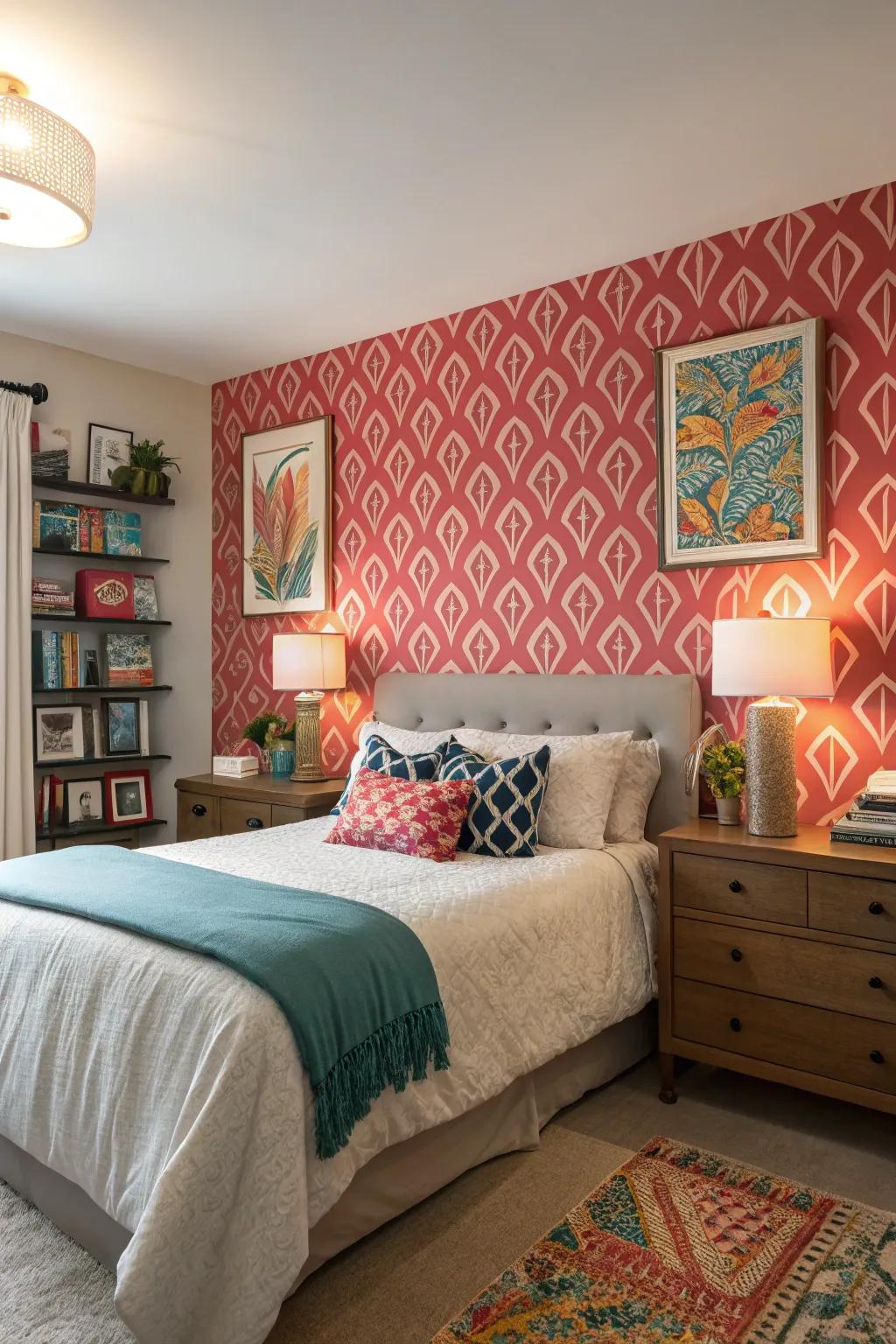 A feature wall gives a touch of personality to this bedroom.