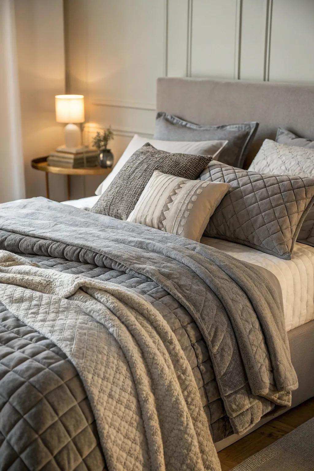 Tiered grey bedding intended for a tranquil rest environment.