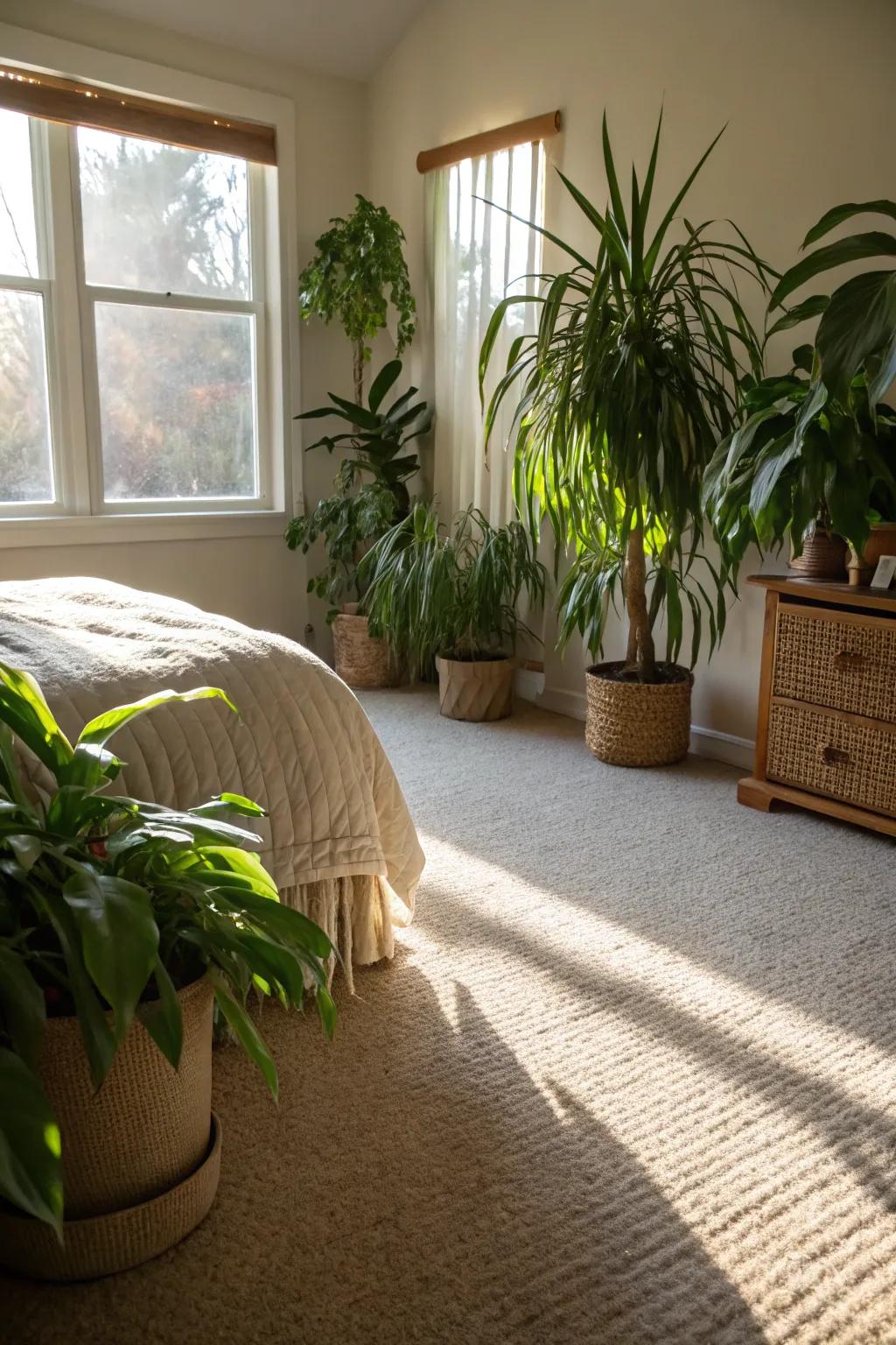 Green plants add a refreshing design to this placid bedroom that features a cream-colored carpet.