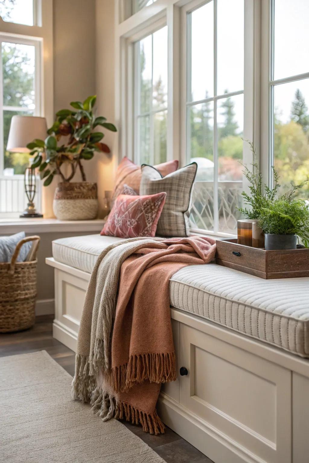 A woven wrap over cushions introduces warmth and texture to your bench.