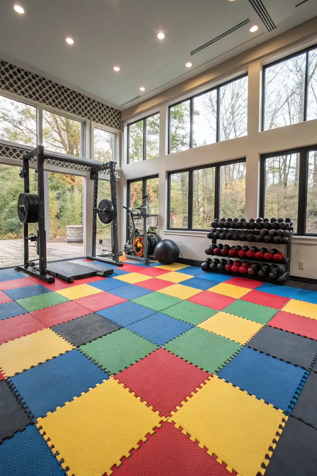 Patterned flooring enhances your gym's style and functionality.