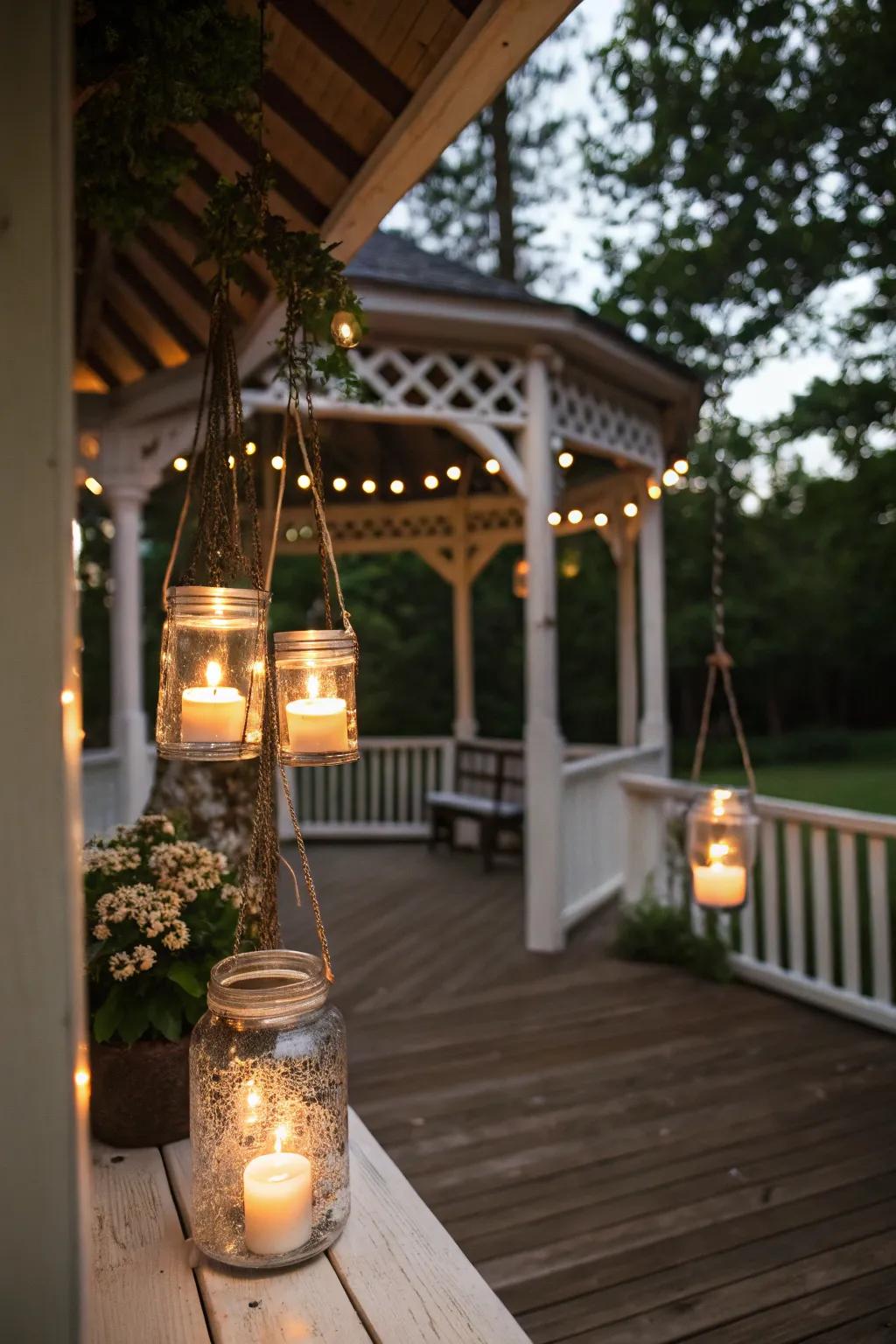 Artisan jar illumination appends a countryside charm to any gazebo.